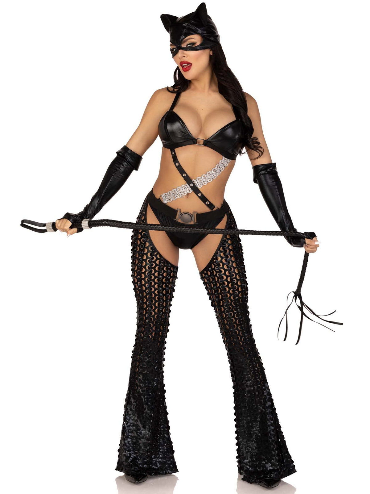 Déguisement d'Halloween 3 pièces Mistress Kitty pour femme Leg Avenue avec combinaison, XS, noir