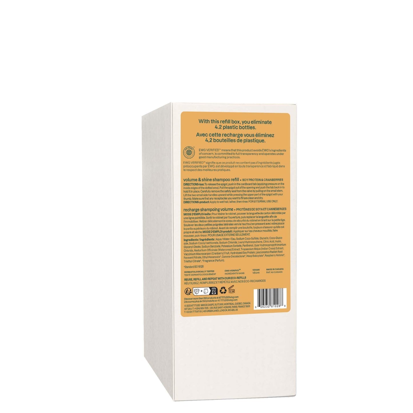 ATTITUDE Volume and Shine Hair Shampoo, Made in Canada, EWG Verified, For Thin Hair, Naturally Derived Ingredients, Vegan and Plant Based, Soy Protein and Cranberries, Bulk Refill, 2 Liters