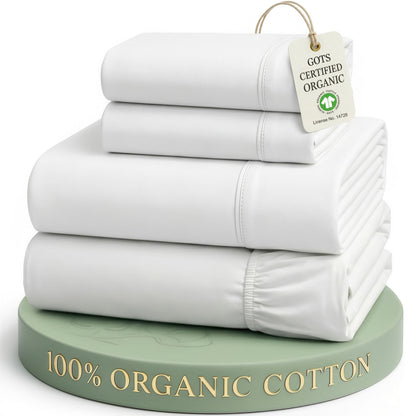 Lane Linen 100% Organic Cotton Queen Sheet Set, 4-Piece Percale Bed Sheets for Queen Bed - Soft, Breathable, Hypoallergenic, Deep Pocket Fits Mattress Up to 15" Deep, Hotel Quality Sheets - White