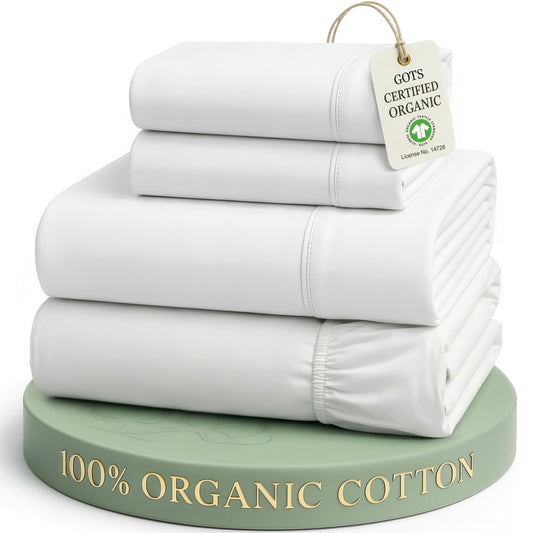 Lane Linen 100% Organic Cotton Queen Sheet Set, 4-Piece Percale Bed Sheets for Queen Bed - Soft, Breathable, Hypoallergenic, Deep Pocket Fits Mattress Up to 15" Deep, Hotel Quality Sheets - White