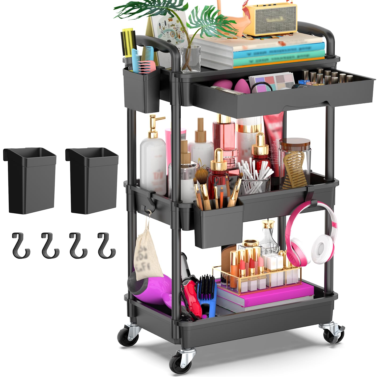 Goovilla 3 Tier Rolling Utility Cart Organizer with Removable Drawer, Stable and Sturdy Black Rolling Storage Carts with 2 Lockable Wheels for Bathroom, Kitchen, Snack, Craft, Makeup, Baby Essentials - Available at All In One Marketplace Canada