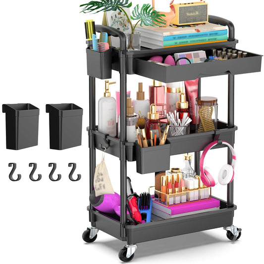 Goovilla 3 Tier Rolling Utility Cart Organizer with Removable Drawer, Stable and Sturdy Black Rolling Storage Carts with 2 Lockable Wheels for Bathroom, Kitchen, Snack, Craft, Makeup, Baby Essentials - Available at All In One Marketplace Canada