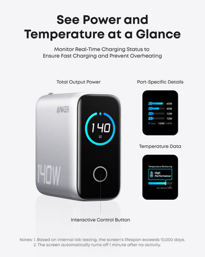 Anker Laptop Charger, 140W MAX USB C Charger, 4-Port Multi-Device Fast Charging, Advanced GaN Power Adapter, Intuitive Touch Controls, for MacBook, iPhone 17/16 Series, Samsung Galaxy, Pixel, and More