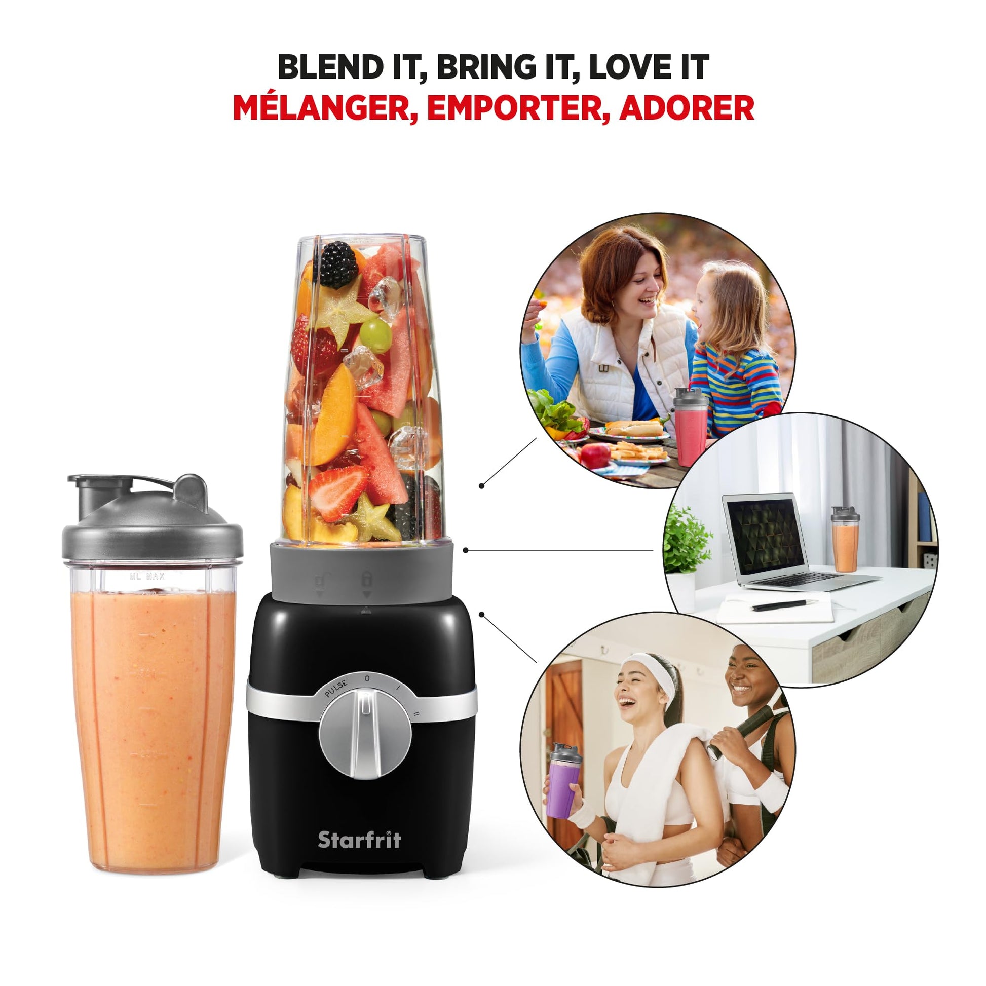 Starfrit Personal Blender, Two 828ml Cups, High, Low & Pulse Modes, 300W, Black - Available at All In One Marketplace Canada