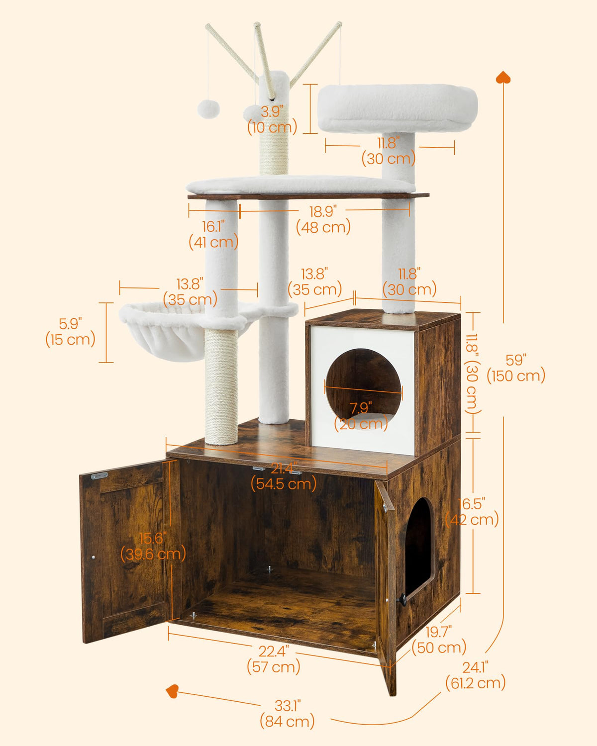 Feandrea WoodyWonders Cat Tree with Litter Box Furniture Hidden Enclosure, 2-in-1 Modern Tower, Cat Condo with Scratching Posts, Removable Pompom Sticks, Rustic Brown UPCT113X01