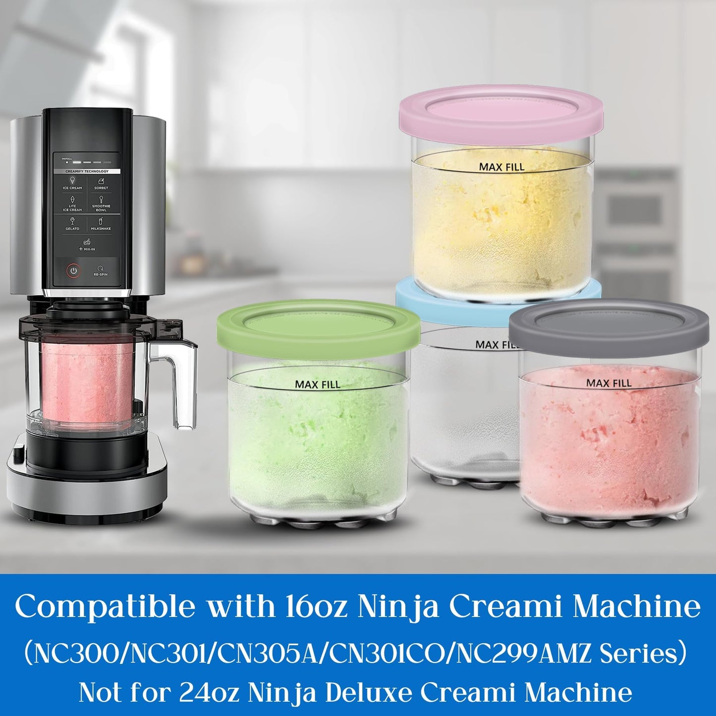 Containers Replacement for Ninja Creami Pints and Lids & Scoop - 4 Pack | Compatible with NC300/NC301/NC299AMZ Series | BPA-Free, Dishwasher-Safe, Leak-Proof Pints for Homemade Ice Cream - Available at All In One Marketplace Canada