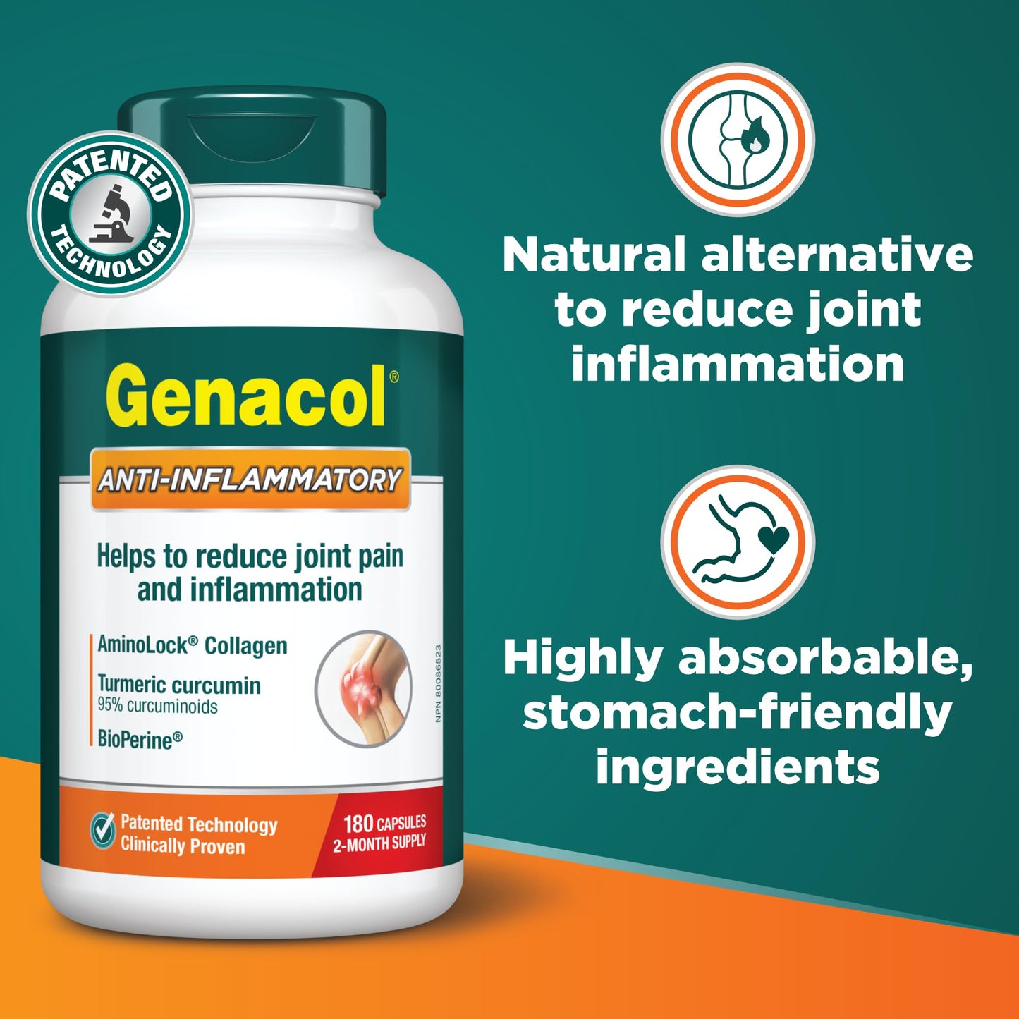 Genacol Anti-Inflammatory (60-Day Supply) – Turmeric Curcumin Supplement with Black Pepper (BioPerine) and Collagen Peptides, Relieves Inflammation, Osteoarthritis Pain Relief, 180 Capsules - Available at All In One Marketplace Canada