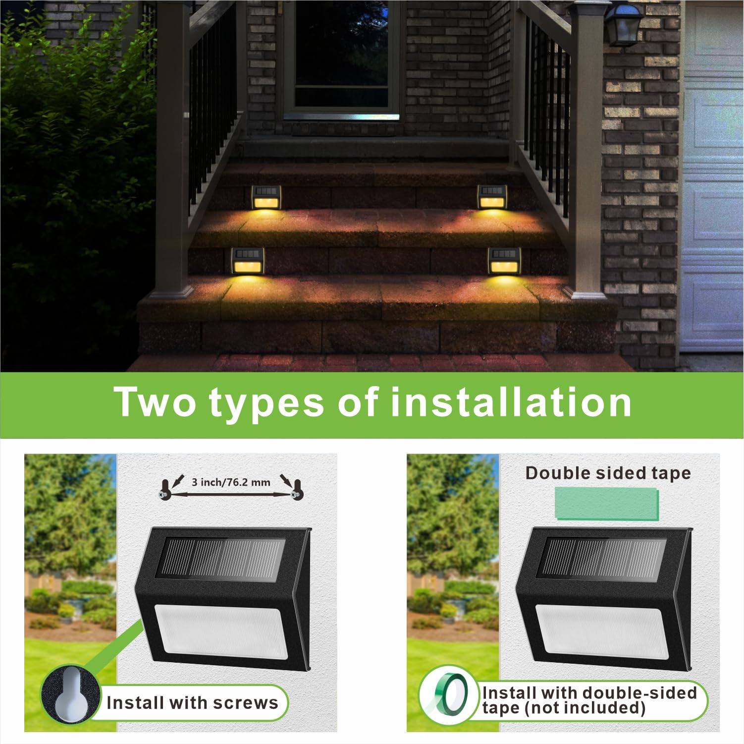 Solar Lights for Steps Decks Pathway Yard Stairs Fences, LED lamp, Rainproof, Black Metal case, 6 Pack