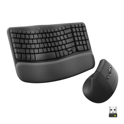 Logitech Wave Keys & Lift Vertical Mouse Ergonomic Wireless Combo, Graphite