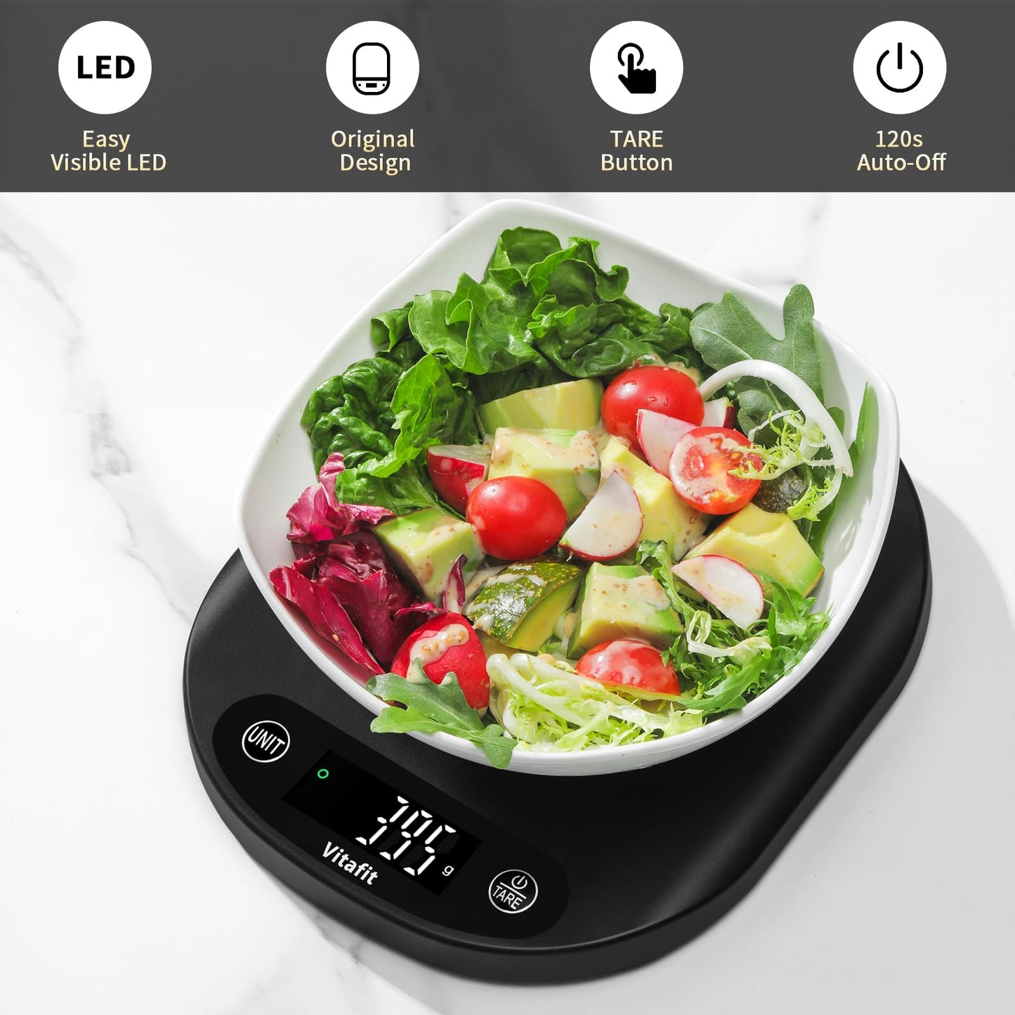 Vitafit 33lb Food Scale, High Accuracy 0.1oz by Our Professional Scale Factory Since 2001, Food Scale Digital Kitchen for Cooking Baking Coffee, LED Display, 3xAAA Battery, Black