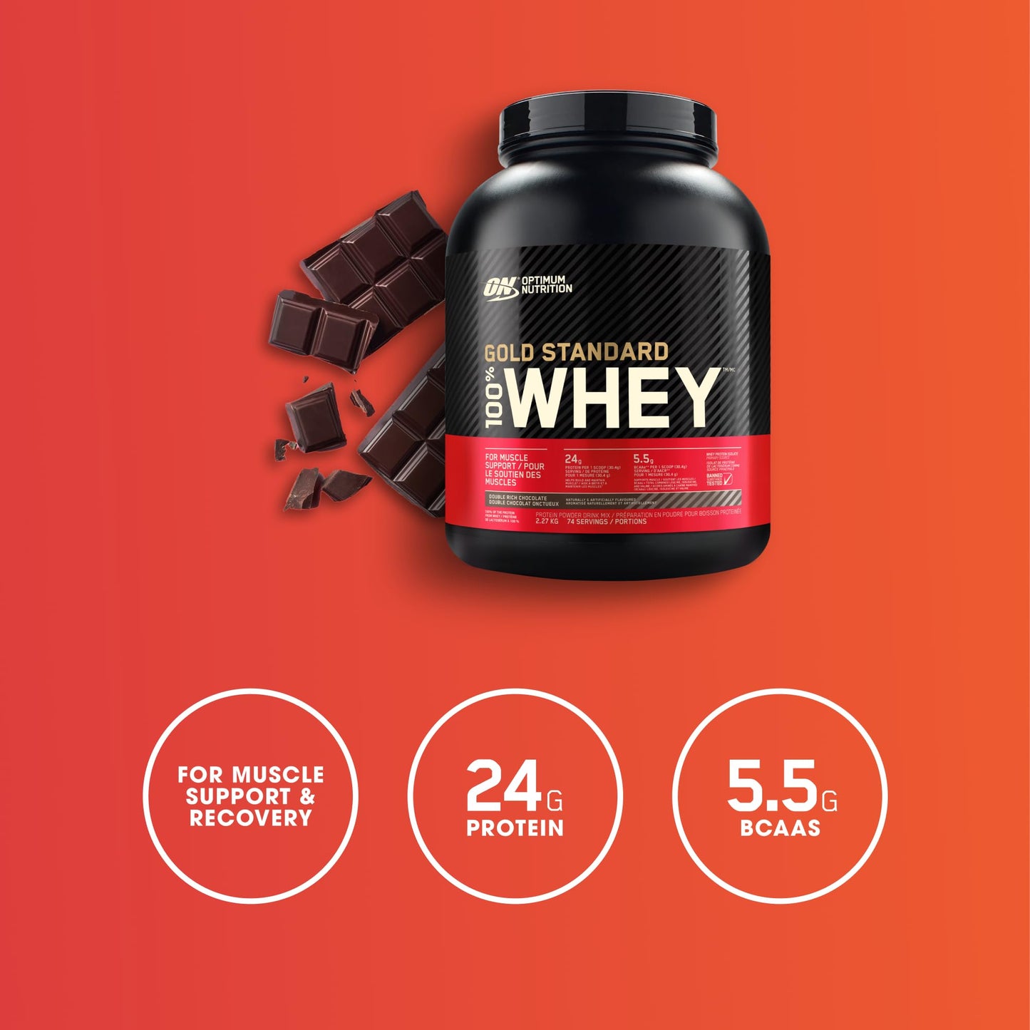 Optimum Nutrition Gold Standard 100% Whey Protein Powder, 2.270g - Double Rich Chocolate - 74 servings (packaging may vary)