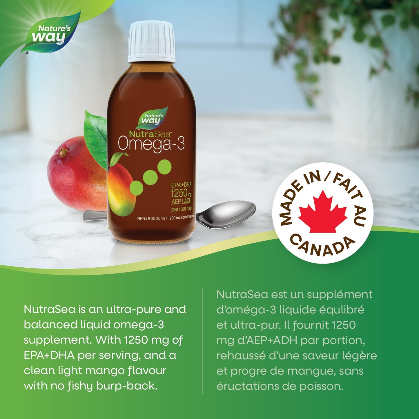 Nature's Way NutraSea Omega-3 Fish Oil – 1250 mg EPA + DHA Fish Oil – Support Healthy Heart and Brain Function in Kids and Adults – GMO Free, 200 mL Liquid, Mango Flavour 🍁 All In One Marketplace Canada