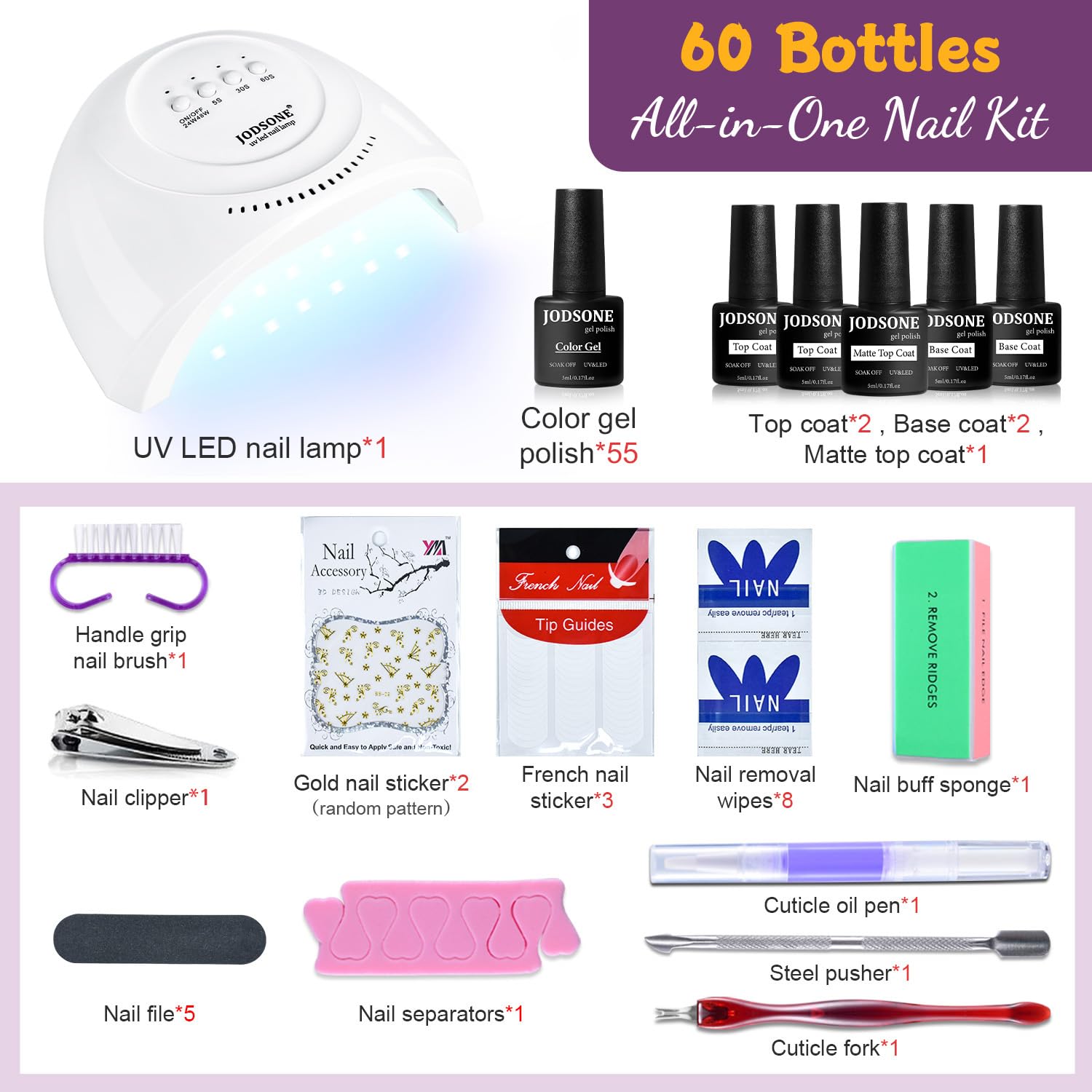 JODSONE 60 PCS Gel Nail Polish Kit with U V Light Base and Matte Glossy Top Coat Nail Gel Polish Soak off Manicure Accessory Tools Suitable for All Seasons - Available at All In One Marketplace Canada
