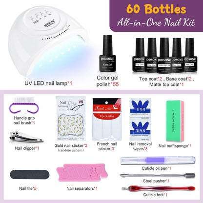 JODSONE 60 PCS Gel Nail Polish Kit with U V Light Base and Matte Glossy Top Coat Nail Gel Polish Soak off Manicure Accessory Tools Suitable for All Seasons - Available at All In One Marketplace Canada