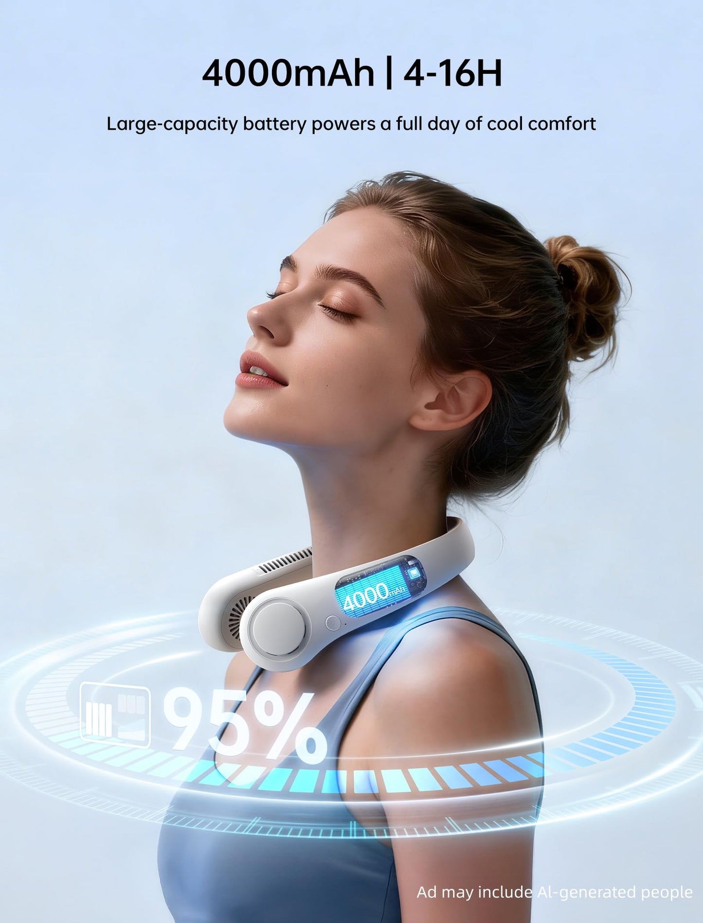 JISULIFE Portable Neck Fan, Hands Free Bladeless Hanging Sport Fan, 4000 mAh Battery Operated Wearable Personal Fan, Leafless, Rechargeable, Headphone Design, USB Powered Desk Fan, 5 Speeds - Grey