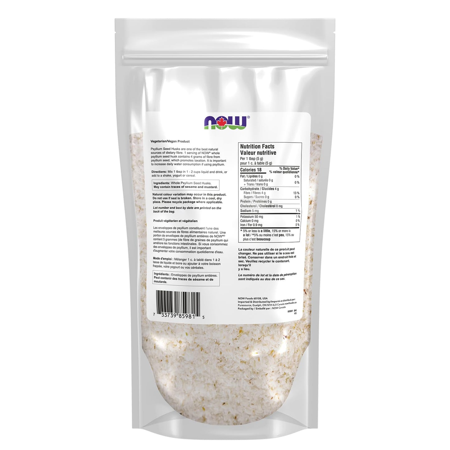 NOW Supplements, Whole Psyllium Husks, Non-GMO Project Verified, Soluble Fibre, 454g - Available at All In One Marketplace Canada