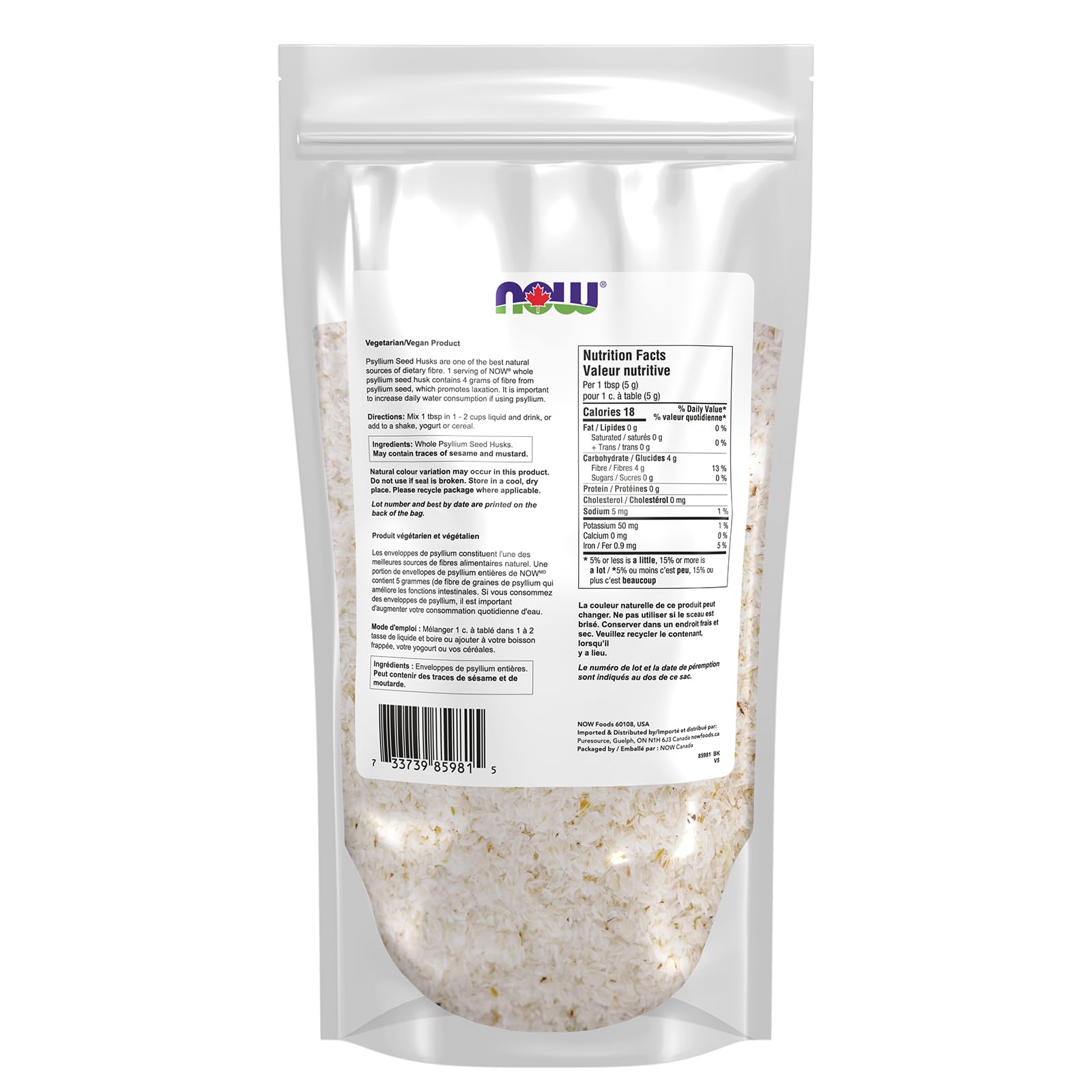 NOW Supplements, Whole Psyllium Husks, Non-GMO Project Verified, Soluble Fibre, 454g - Available at All In One Marketplace Canada