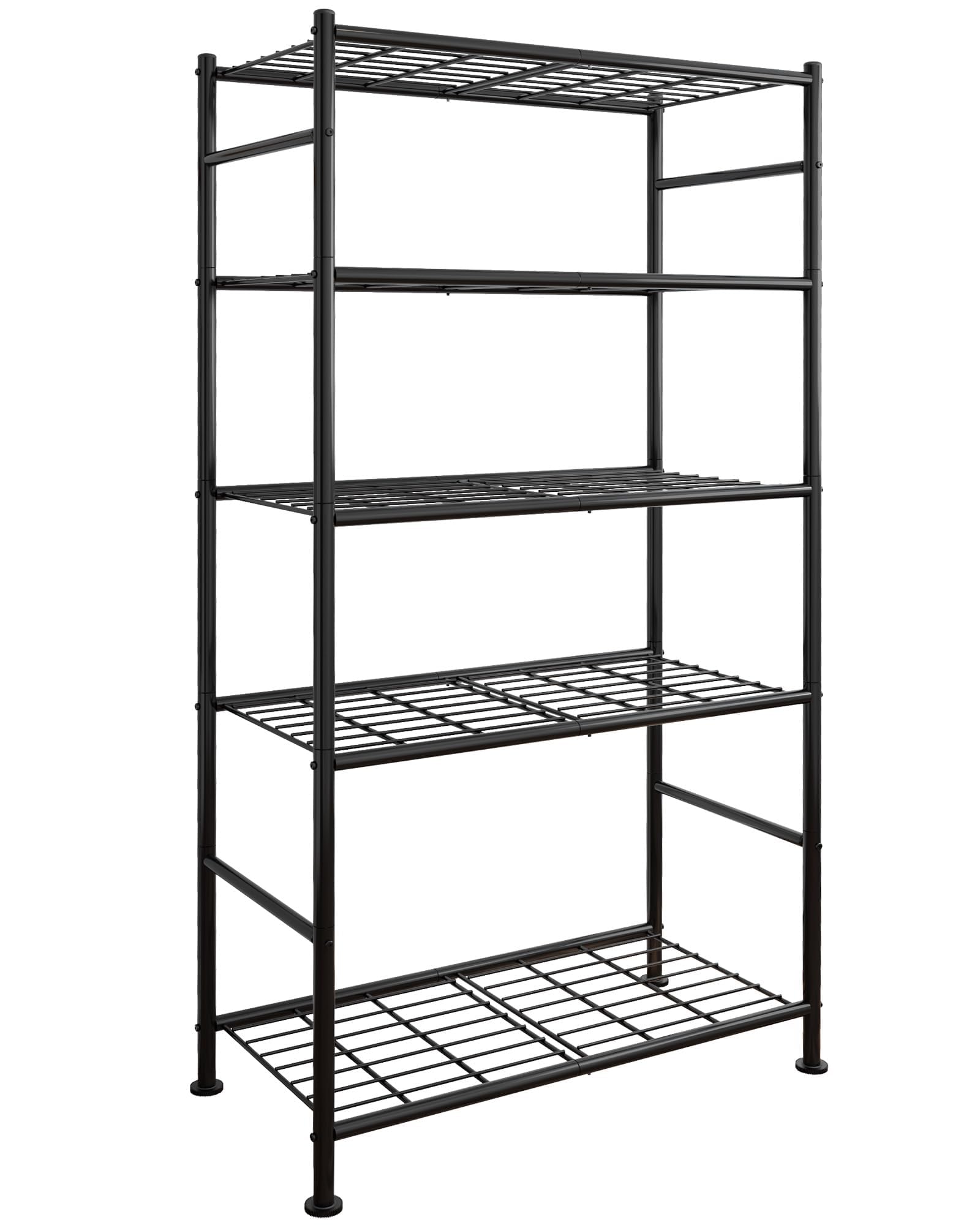 Sakugi 5 Tier Shelf - Heavy Duty Metal Storage Shelves with Adjustable Leveling Feet, Large Capacity Shelving Unit with Multiple Hooks for Kitchen, Pantry, Office (84 x 32 x 183 cm, Black)