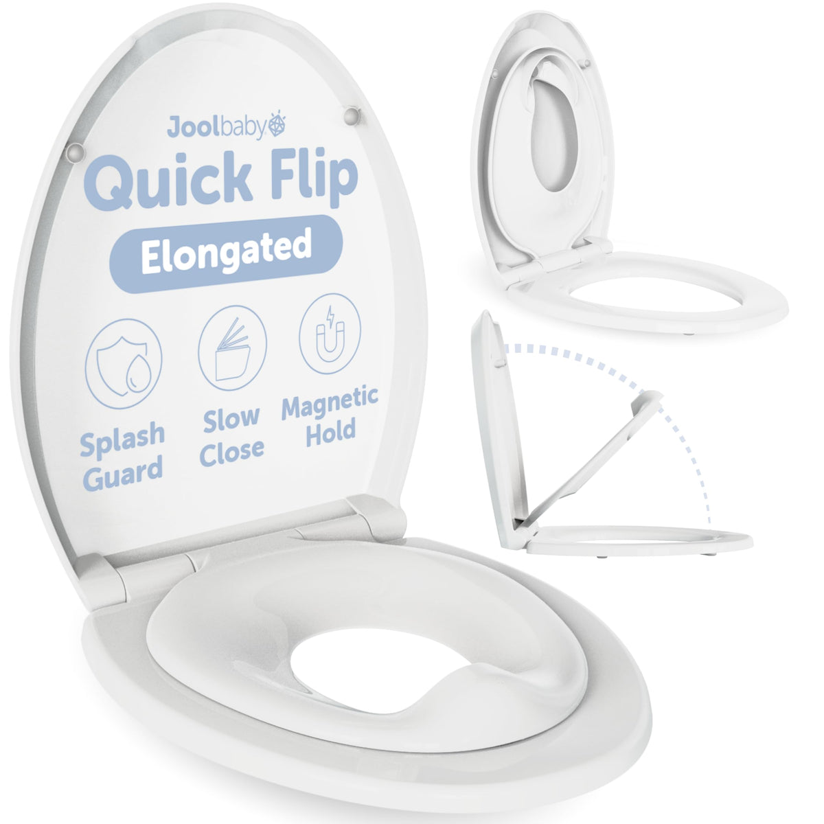 Quick Flip Elongated Toilet Seat with Built-in Potty & Splash Guard for Toddler Training, Slow Close - Jool Baby