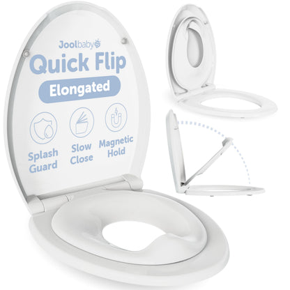 Quick Flip Elongated Toilet Seat with Built-in Potty & Splash Guard for Toddler Training, Slow Close - Jool Baby