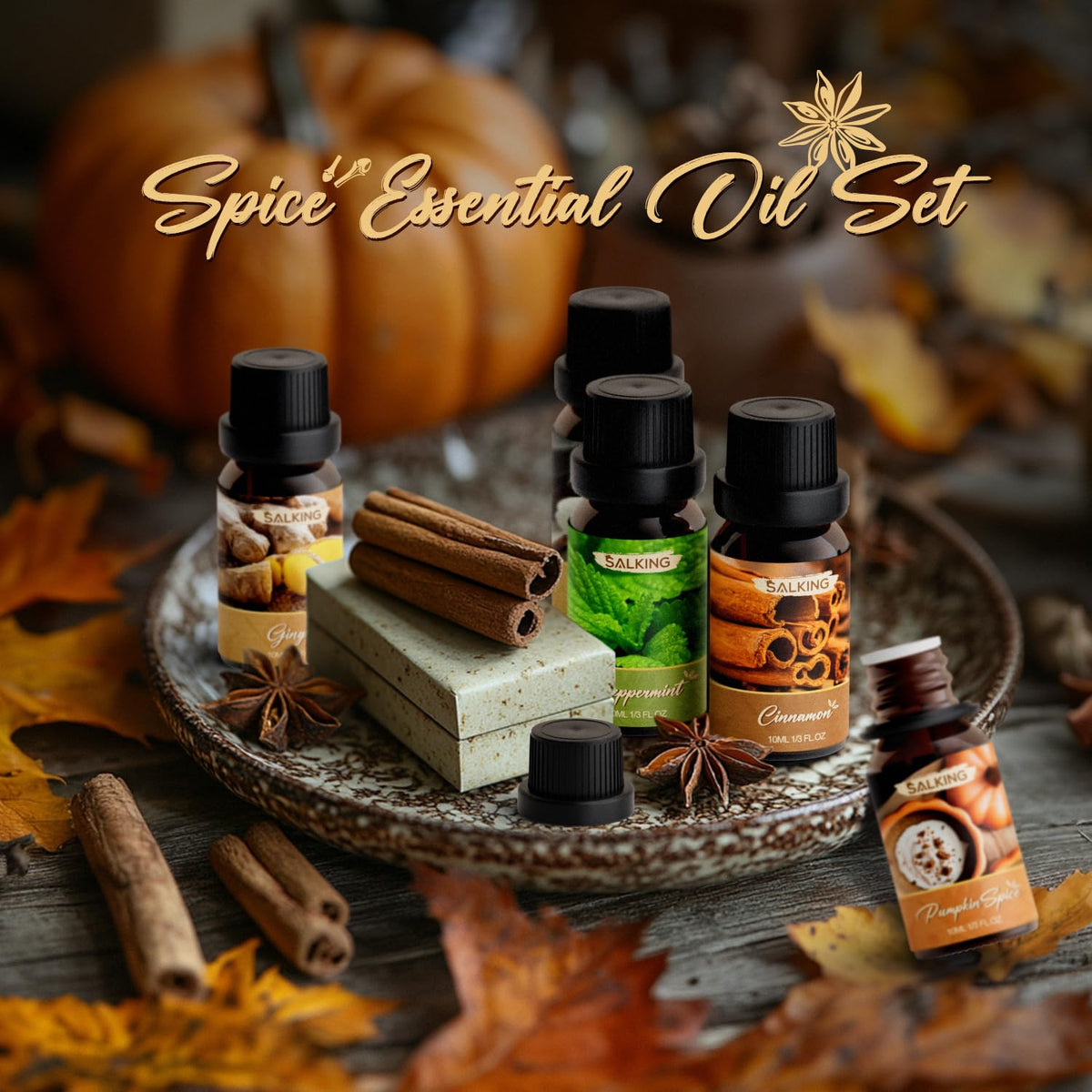 SALKING Spice Essential Oils Set, 6x10ml Fragrance Scented Oils for Diffuser, Candle and Soap Making - Cinnamon, Clove, Vanilla, Pumpkin Spice, Peppermint, Ginger 🍁 All In One Marketplace Canada