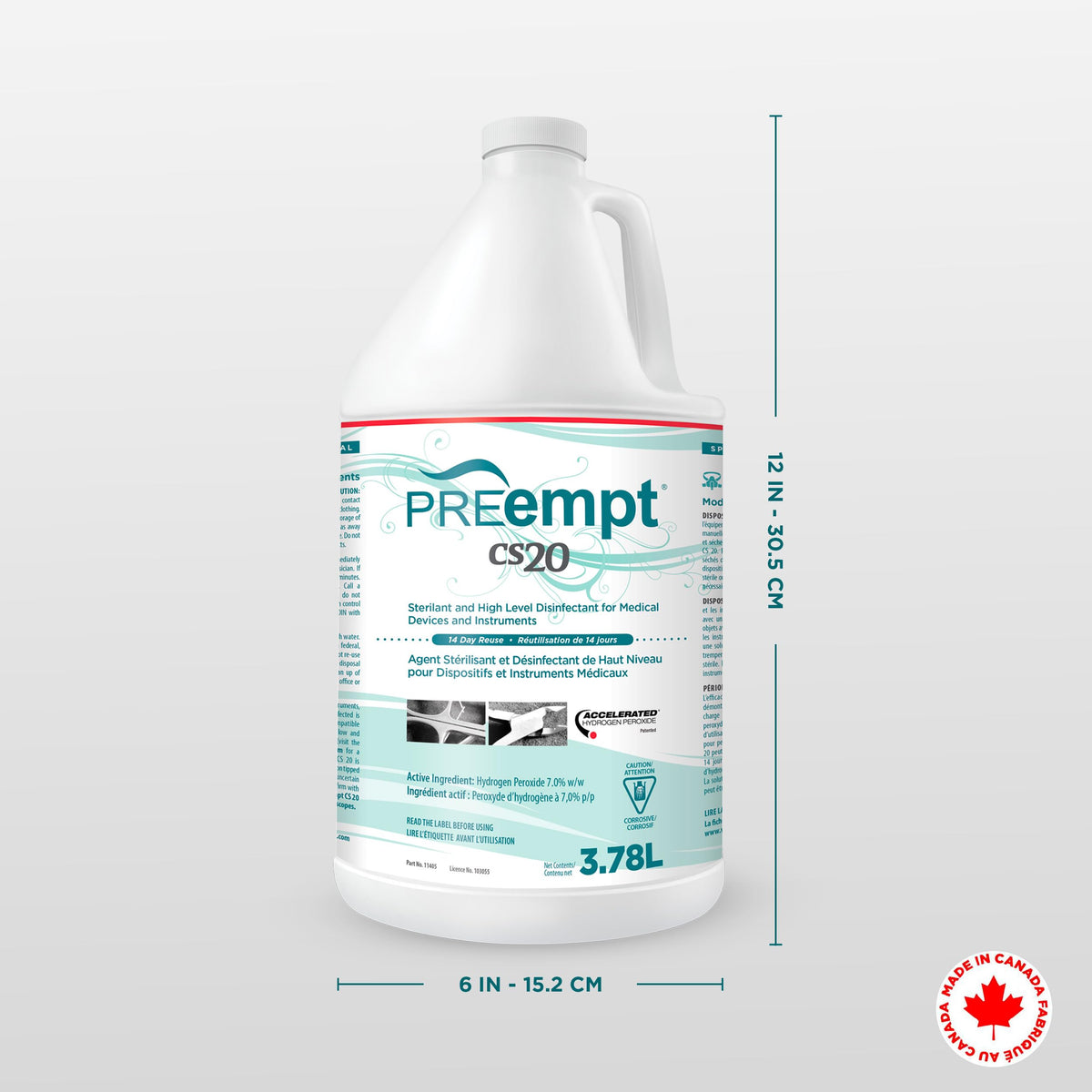 PREempt CS20 Sterilant and High-Level Disinfectant for Reusable Spa, Salon and Nail Tools and Implements (3.78L) (1 Bottle)