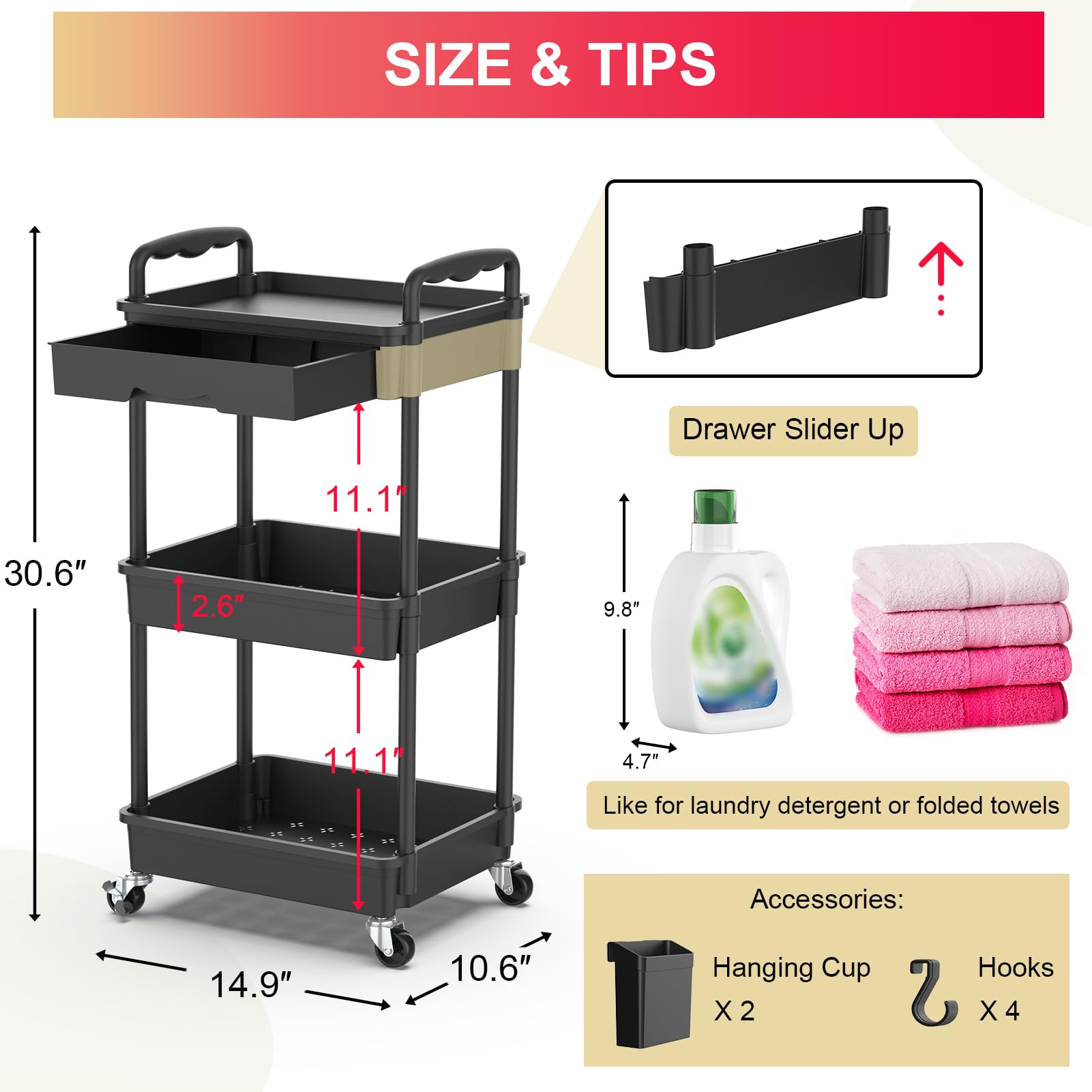 Goovilla 3 Tier Rolling Utility Cart Organizer with Removable Drawer, Stable and Sturdy Black Rolling Storage Carts with 2 Lockable Wheels for Bathroom, Kitchen, Snack, Craft, Makeup, Baby Essentials - Available at All In One Marketplace Canada