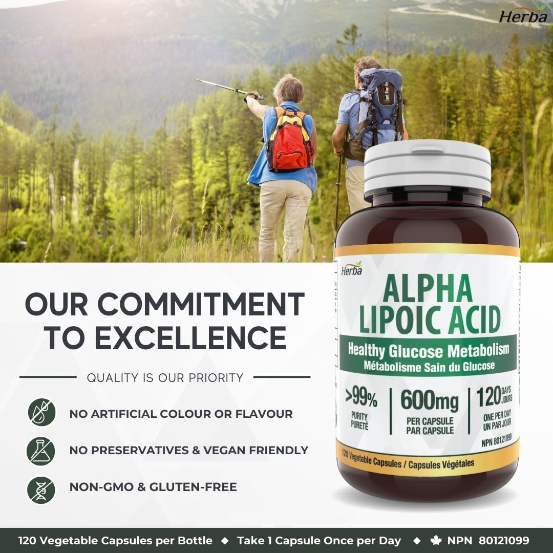 Herba Alpha Lipoic Acid 600mg – 120 Capsules | >99% Ultra Pure | Made in Canada | Blood Sugar Support Supplement - Available at All In One Marketplace Canada