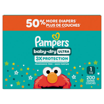 Pampers Baby Dry Ultra Diapers, Size 1, Absorbent Disposable Diapers, 1 Pack (Count of 200)