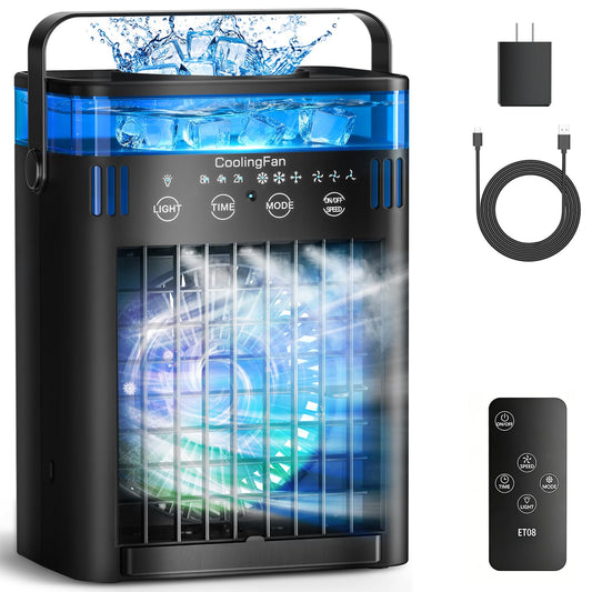 Portable Air Conditioner, Mini Air Conditioner Portable Cooling Fan with Remote Control, 3 Wind Speed & 3 Mist Level & 2-8H Timer Evaporative Air Cooler for Home Office Room, Black - Available at All In One Marketplace Canada
