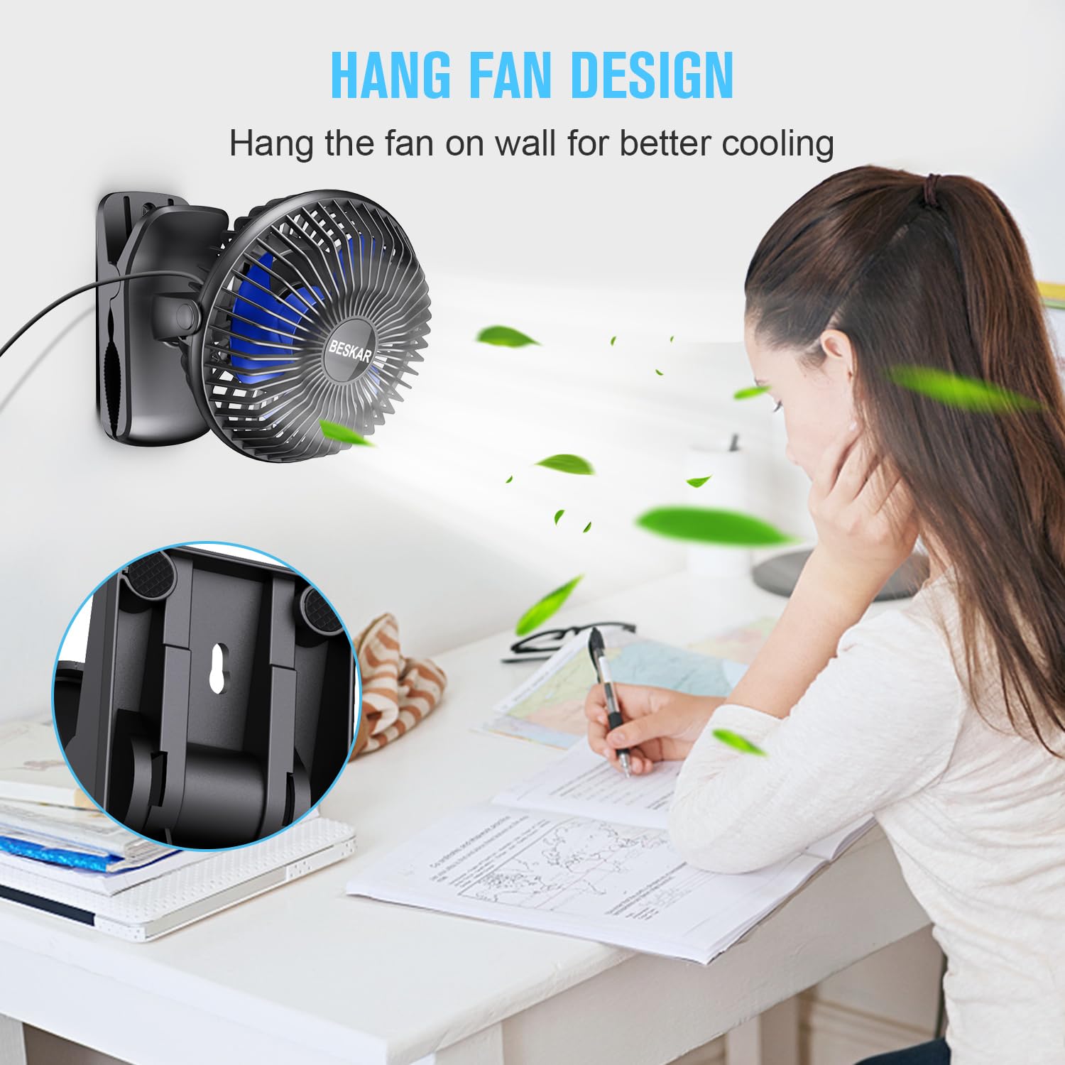 BESKAR USB Powered Clip on Fan, Portable Small Fan with Cord, 3 Speeds Strong Airflow, Personal Fan with Sturdy Clamp, Quiet Desk Fan & Clip Fan - Available at All In One Marketplace Canada