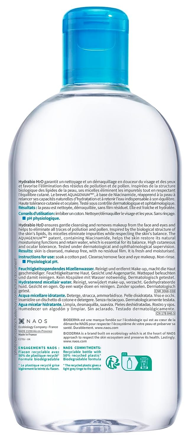 Bioderma Hydrabio H2O Micellar Water, Cleansing and Makeup Removing Gentle Face Cleanser for Dehydrated Sensitive Skin - Available at All In One Marketplace Canada