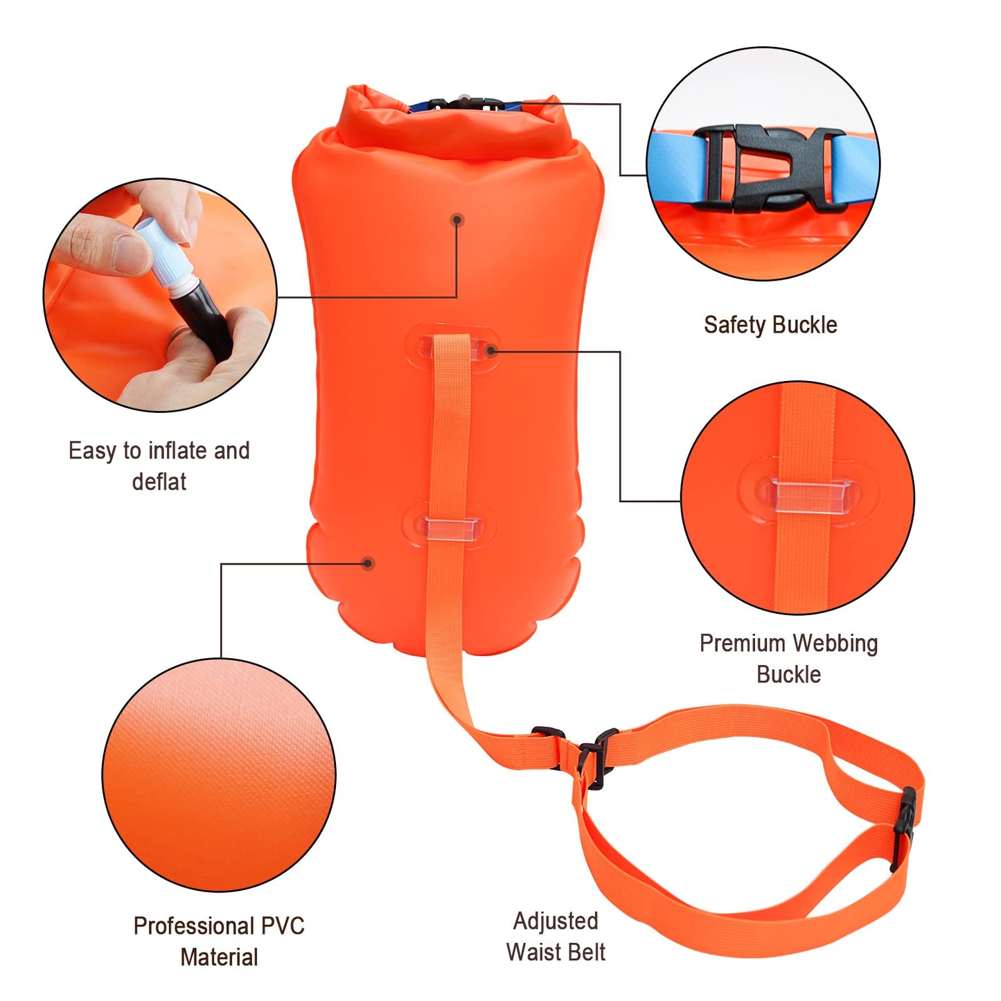 20L Swim Buoy, Swim Buoy with Storage for Kids and Adults, Waterproof Inflatable Dry Bag Swim Safety Float for Water Sports, Open Water Swimmers, Triathletes, Kayakers and Snorkelers, Orange