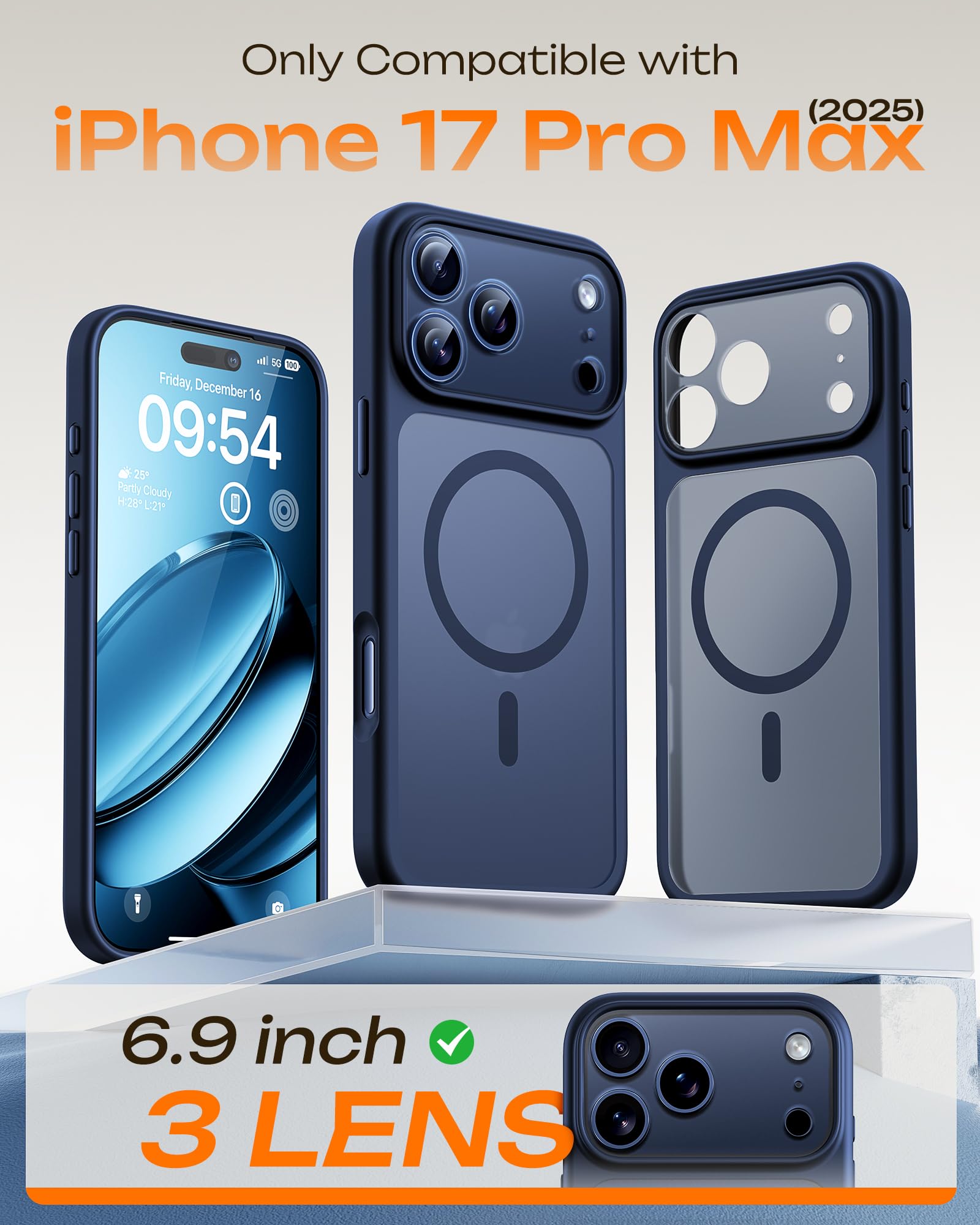 TOCOL Case for Phone 17 Pro Max, Full Camera Protection, Built-in Magnets, Compatible with Magsafe, Drop Protection, Translucent Matte Phone Case for 17 ProMax 6.9 inch (Dark Blue) - Available at All In One Marketplace Canada
