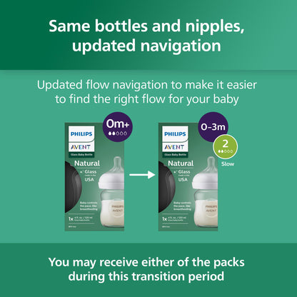 Philips Avent Natural Glass Baby Bottles with Natural Response Nipples (Slow Flow, Flow 2), 4oz, 3-pack, SCY910/03