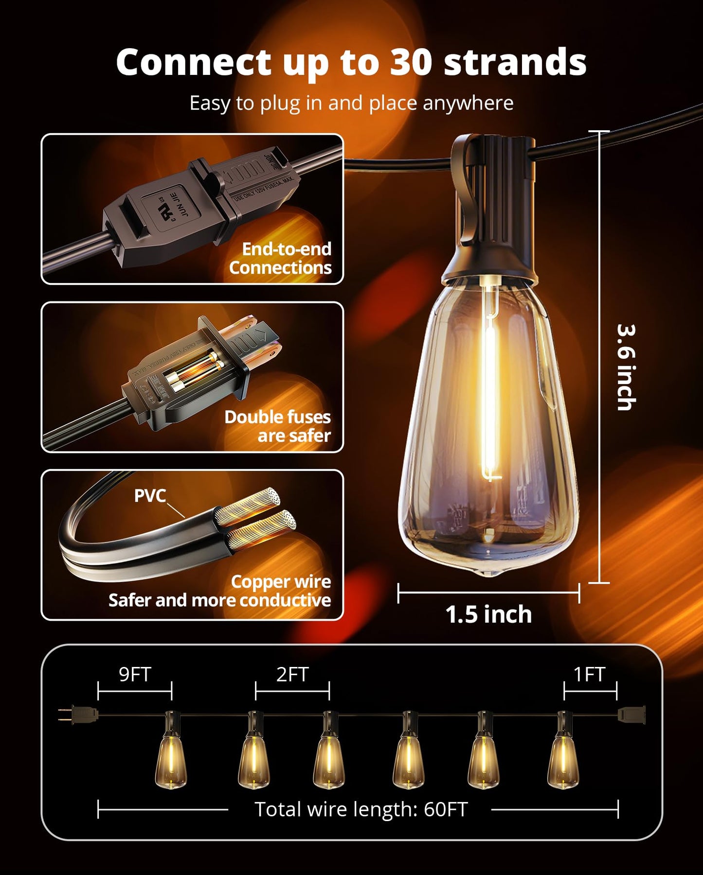 VIPAR Outdoor String Lights 60FT LED Patio Lights Waterproof with 28 Shatterproof ST38 Edison Bulbs Outside Hanging Light Dimmable Connectable for Porch, Deck, Garden, Backyard, Balcony, Decor, 2700K - Available at All In One Marketplace Canada