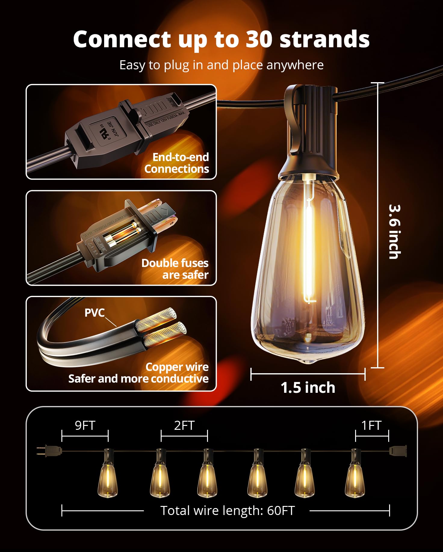 VIPAR Outdoor String Lights 60FT LED Patio Lights Waterproof with 28 Shatterproof ST38 Edison Bulbs Outside Hanging Light Dimmable Connectable for Porch, Deck, Garden, Backyard, Balcony, Decor, 2700K - Available at All In One Marketplace Canada