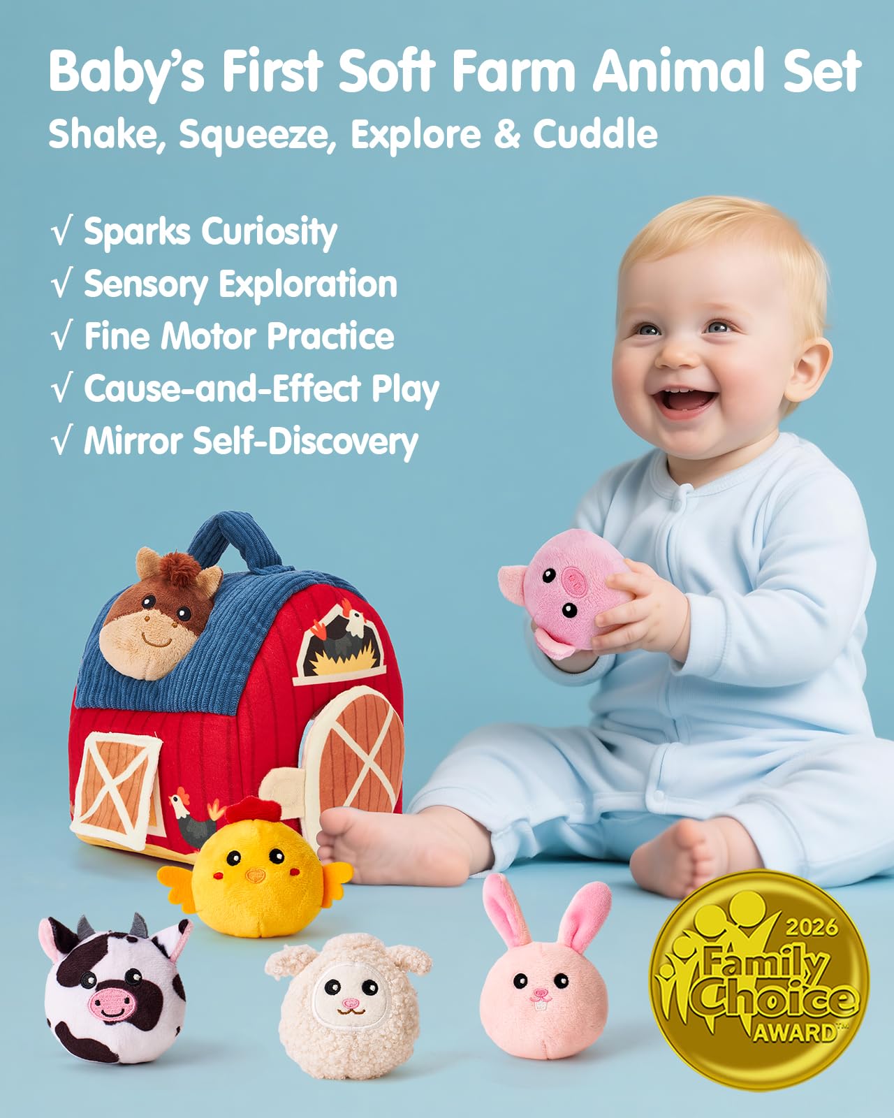 hahaland Montessori Baby Toys 6-12 Months - Surprise Barn with Stuffed Farm Animals Toys for Babies with Rattle & Mirror, Sensory Toys for Babies Boy Girl, Travel Toys for Toddlers 1-3 - Available at All In One Marketplace Canada