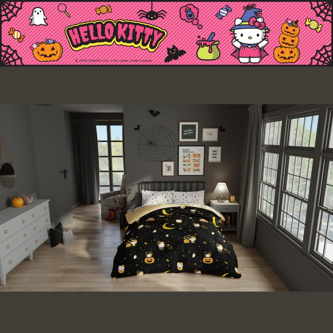 Sanrio Hello Kitty Halloween Pumpkin Full Bed Set – Super Soft & Cozy 5 Piece Reversible Comforter and Sheet Set (Officially Licensed Product) by Franco