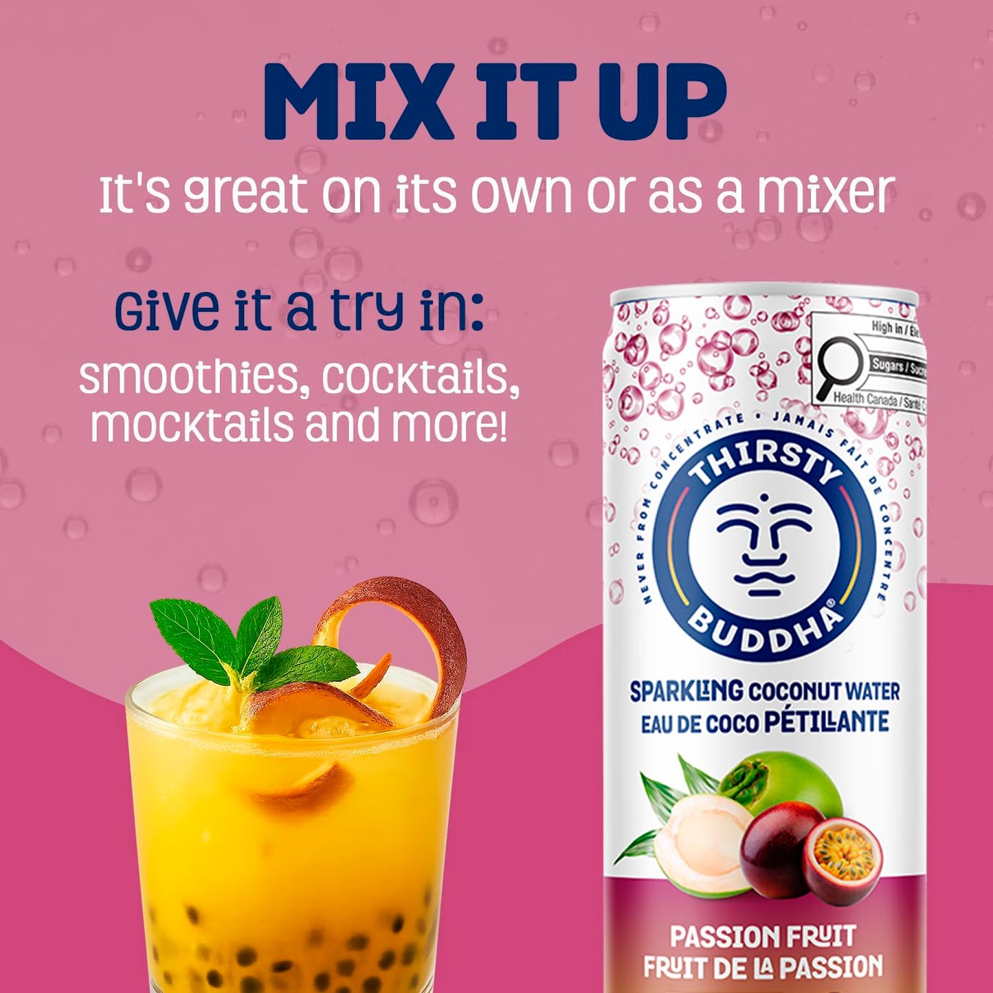 THIRSTY BUDDHA Sparkling Coconut Water with Passion Fruit, No Added Sugar, Pure Coco Drink, Natural Fruit Flavour, Electrolyte & Nutrient-Rich, 12 Pack, (12/330ml)