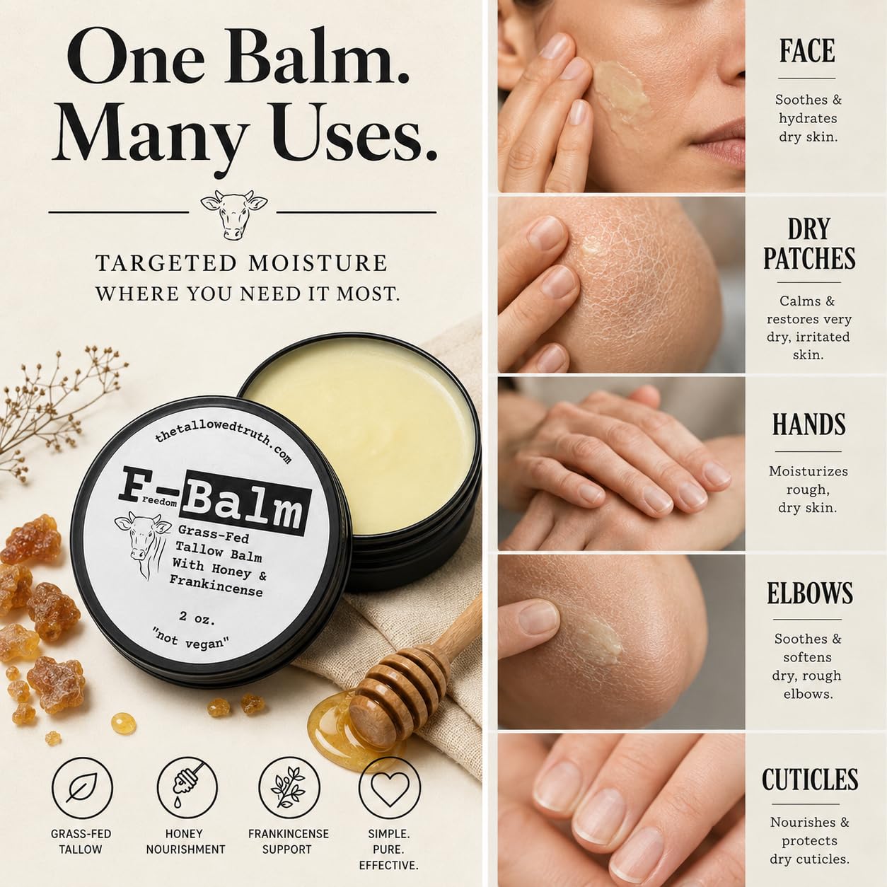 The Tallowed Truth F-Balm - All-In-One Premium Tallow Balm for Face & Body – Grass-Fed, Grass-Finished with Soft Sweet Scent of Honey & Frankincense – 5 Ingredients Only – Made in Canada - 2 oz - Available at All In One Marketplace Canada