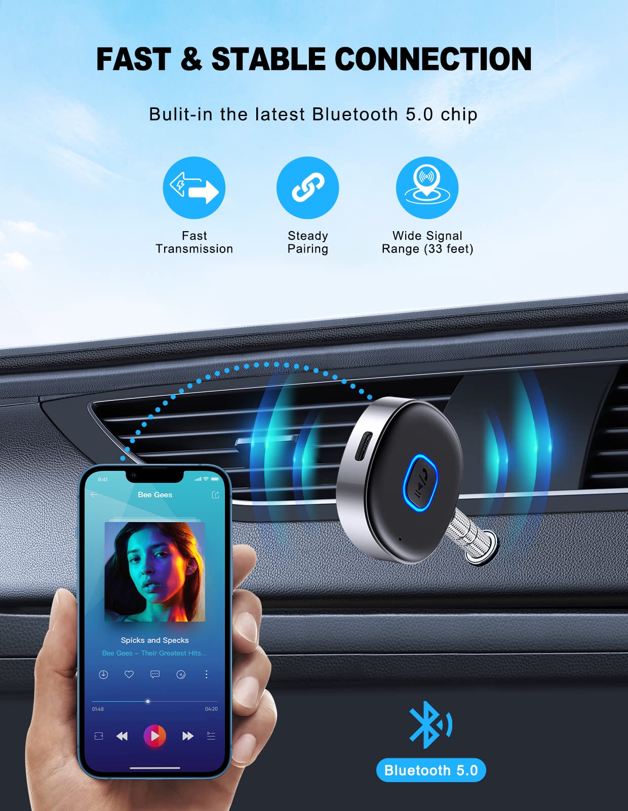 WOCBUY Bluetooth Adapter for Car, 3.5mm AUX Bluetooth Receiver for Music Streaming, Bluetooth 5.0 Wireless Audio Receiver for Car/Home Stereo/Wired Headphones/Speaker, Dual Connection, 12H Playtime - Available at All In One Marketplace Canada