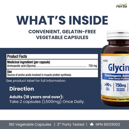 Herba Glycine Supplement 750mg - 180 Capsules | >99% Ultra Pure Glycine Capsules | Free-form Proteinogenic Amino Acids Supplements | Made in Canada - Available at All In One Marketplace Canada