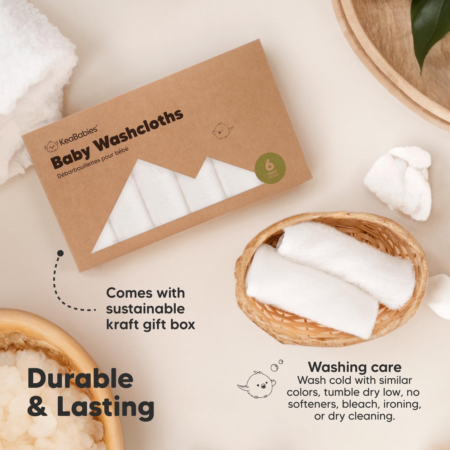 6-Pack Organic Baby Washcloths - Soft Viscose from Bamboo Washcloth, Baby Wash Cloths, Baby Wash Cloth for Newborn, Kids, Bath Baby Towels, Face Towel, Face Cloths (White)