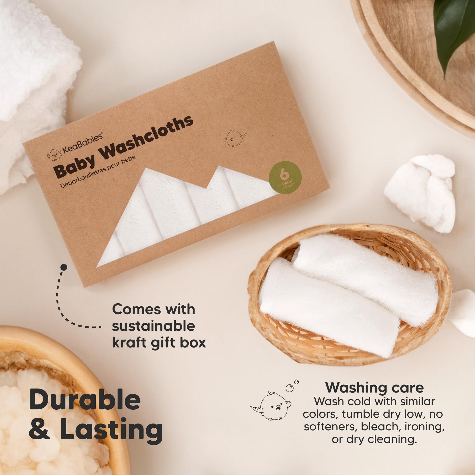 6-Pack Organic Baby Washcloths - Soft Viscose from Bamboo Washcloth, Baby Wash Cloths, Baby Wash Cloth for Newborn, Kids, Bath Baby Towels, Face Towel, Face Cloths (White)