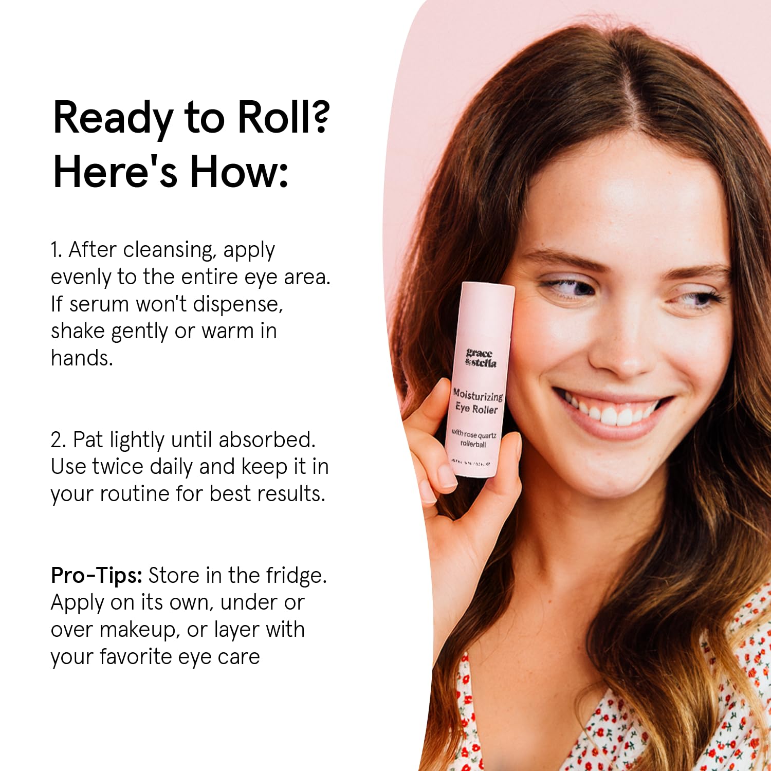 grace & stella Eye Serum Roller with Rose Quartz Rollerball - Hyaluronic Acid & Caffeine Under Eye Cream for Dark Circles & Puffiness - Airplane Travel Essentials - Vegan Skincare (15ml / 0.51floz)