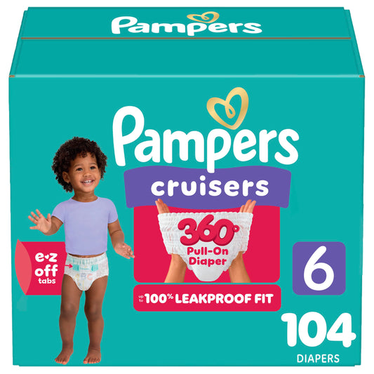 Pampers Diapers - Cruisers 360 degrees - Size 6, up to 100% Leakproof Fit, Designed for Active Babies, Pull On Diaper, EZ Off Tabs Designed for Easy Changes, 1 Pack (Count of 104)