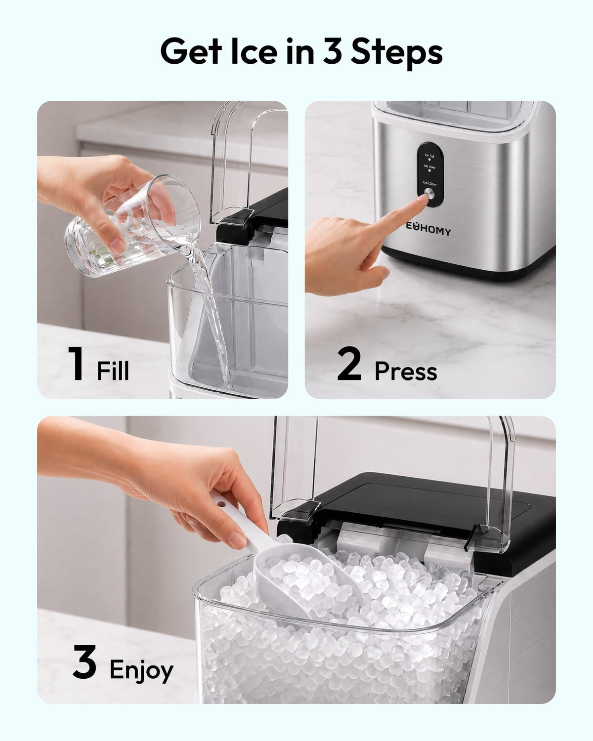 EUHOMY Nugget Ice Maker Countertop, Ready in 7 Mins, 34Lbs/24H Pebble Ice Maker Machine, Self-Cleaning Countertop Sonic Ice Makers with Ice Scoop&Basket, Pellet Ice Maker for Home, Stainless Steel