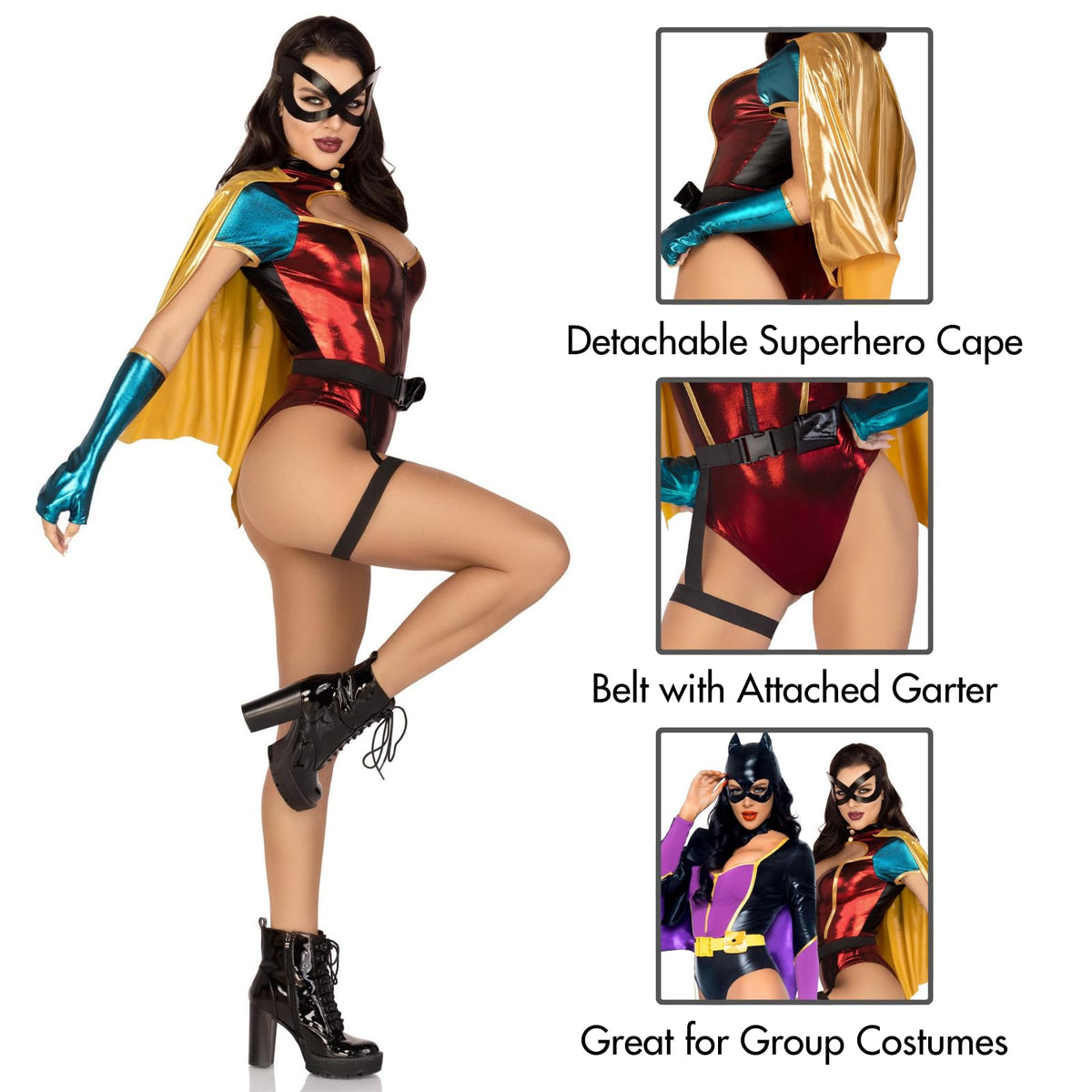 Déguisement d'Halloween 5 pièces Sultry Sidekick pour femme de Leg Avenue avec cape et gants, TRÈS GRAND