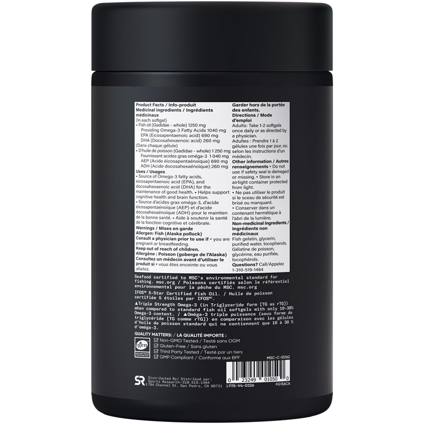 Sports Research® Triple Strength Omega 3 Fish Oil - Burpless Supplement w/EPA & DHA Fatty Acids from Wild Alaskan Pollock - Supports Cognitive Health & Brain Function for Men & Women - 1250mg, 180ct